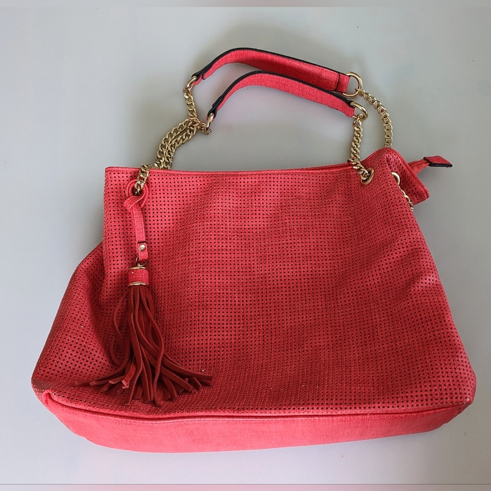 Indie3 Red Coral Large Tote Shoulder Bag W/Gold Hardware Accent Tassel 10"x15"